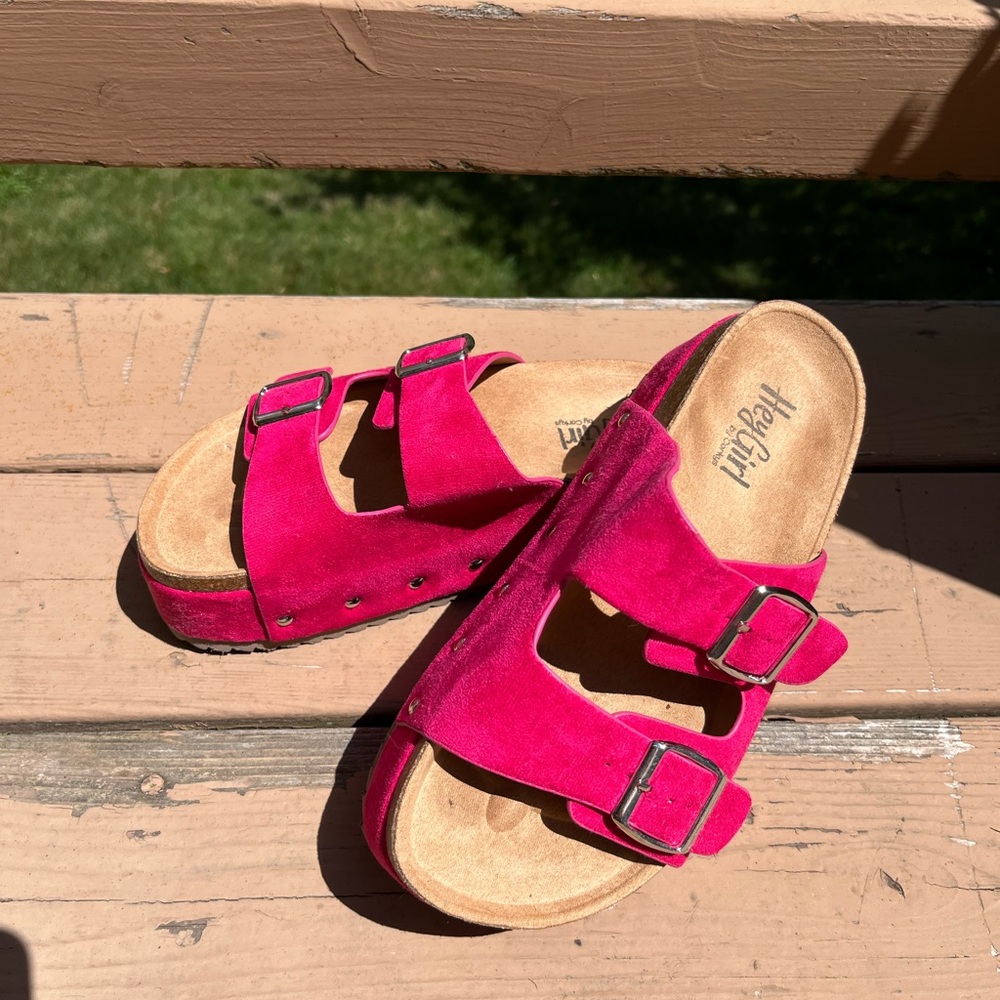 Bright Pink Suede Sandals with Buckles LIKE NEW
